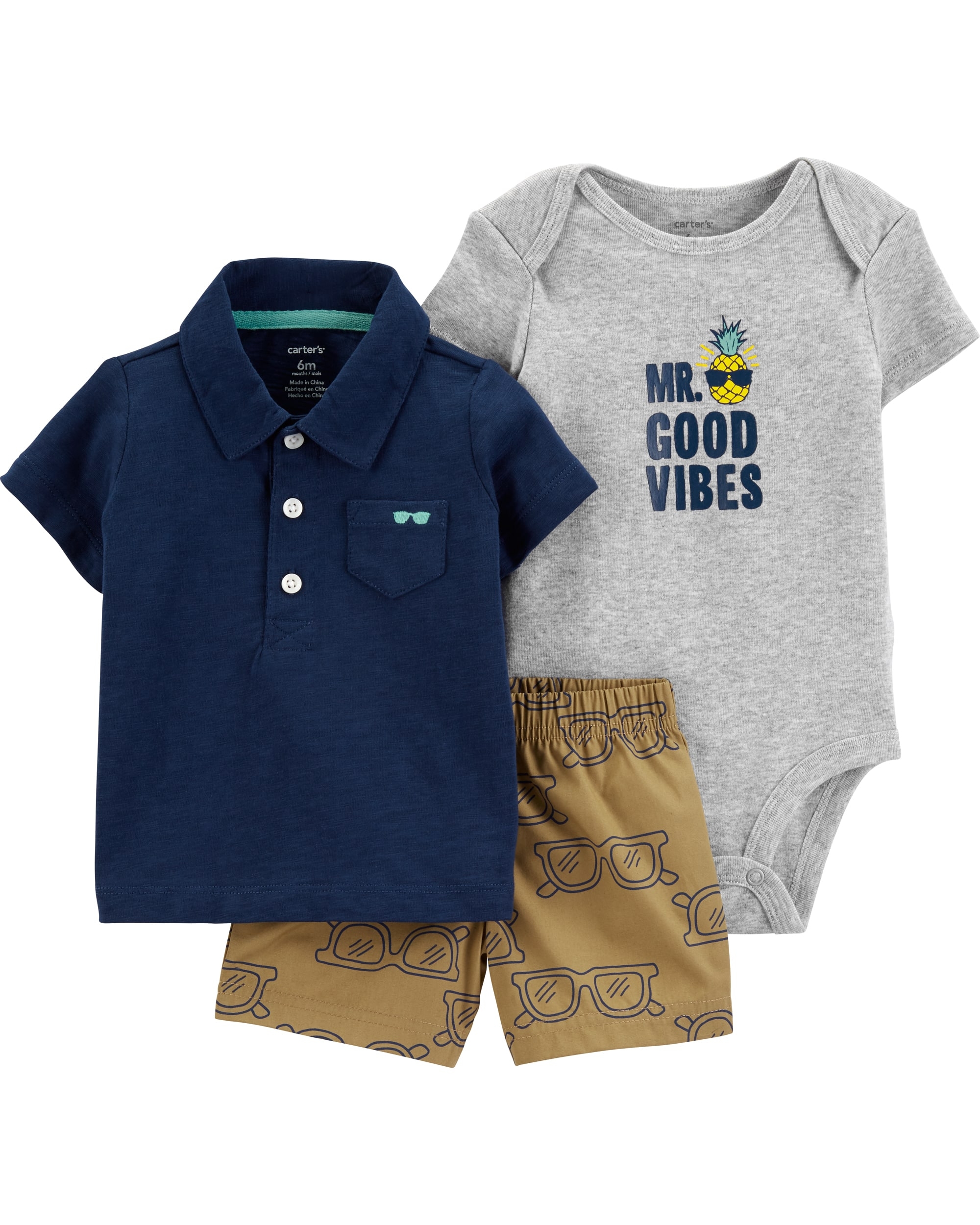 Carter’s Set 3 Piese Vibes tricou tip polo, pantaloni scurți & body 100% bumbac