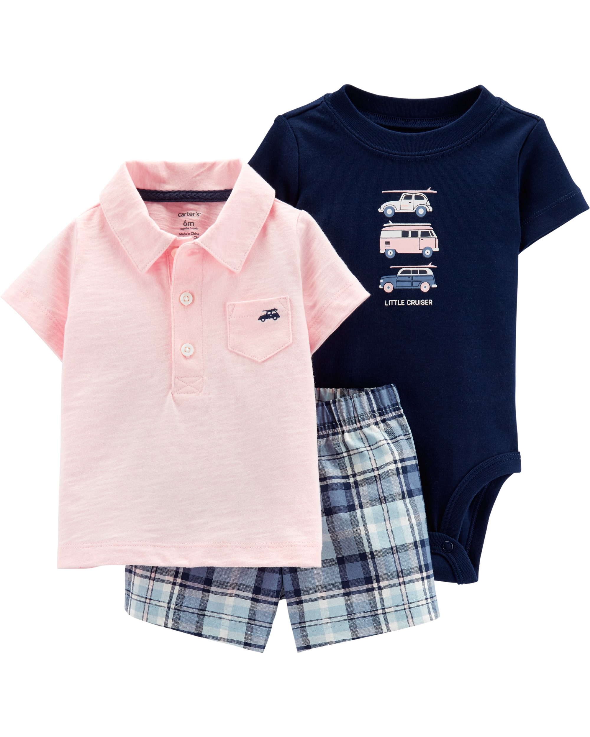 Carter’s Set 3 Piese Mașinuțe tricou tip polo, body & pantaloni scurți 100% bumbac