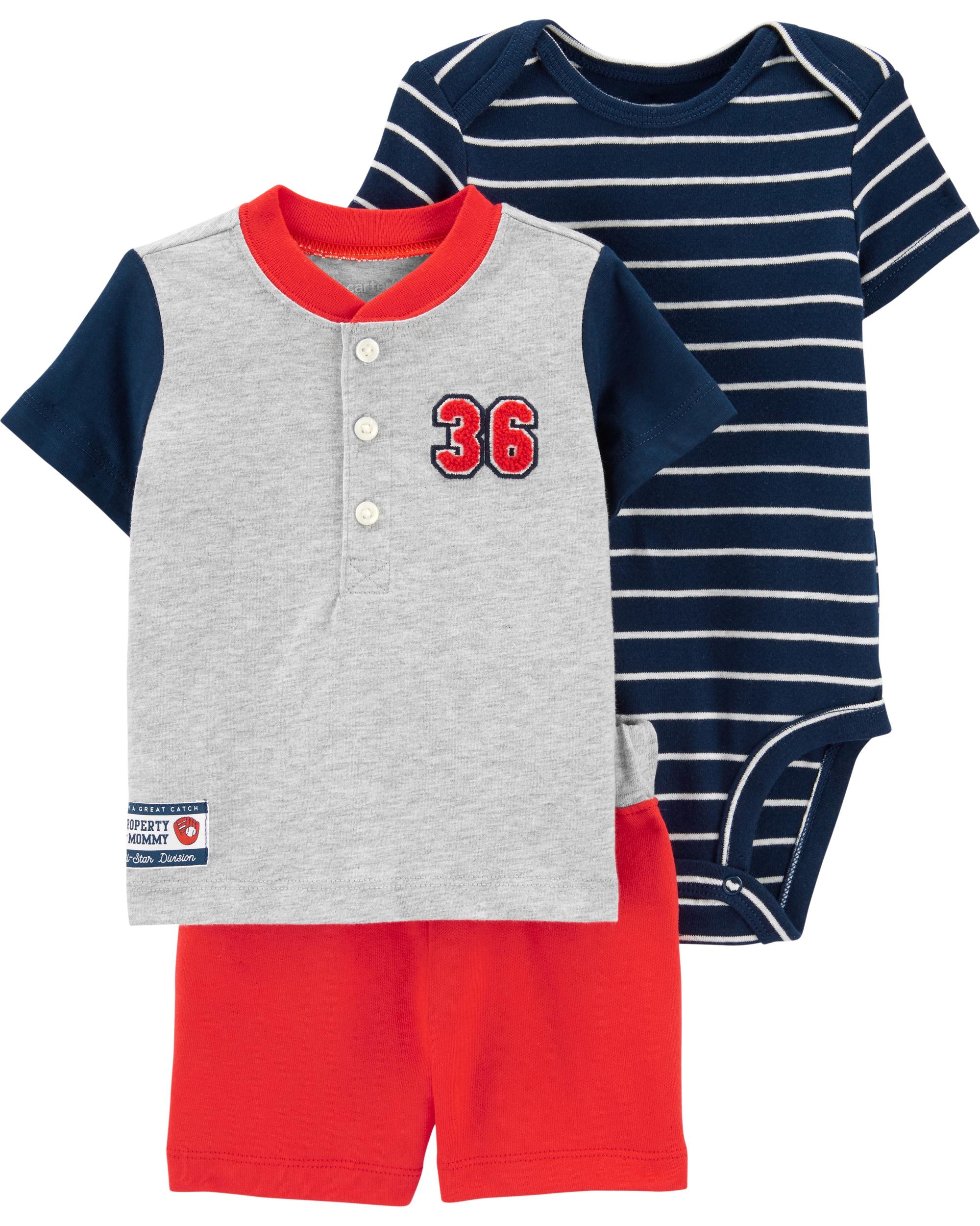 Carter’s Set 3 Piese bebe tricou, body si pantaloni scurti Baseball